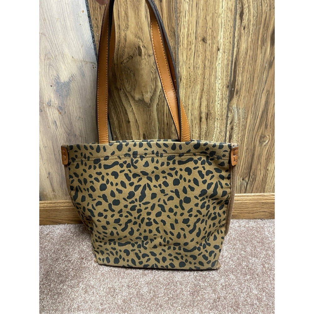 Womens Large Cedar Brown & Black Leopard Print Canvas Leather Tote Bag